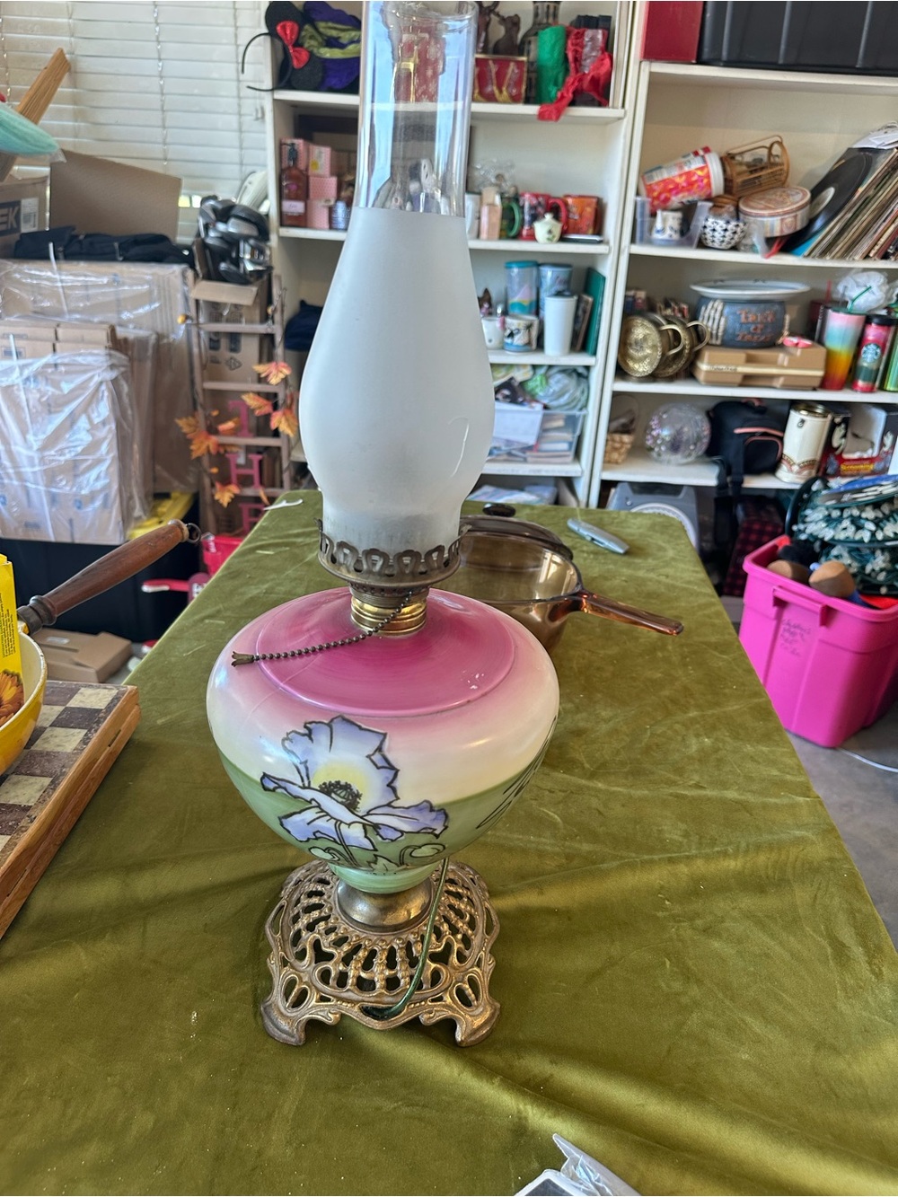 Vintage Floral Glass Table Lamp - Pink and Green